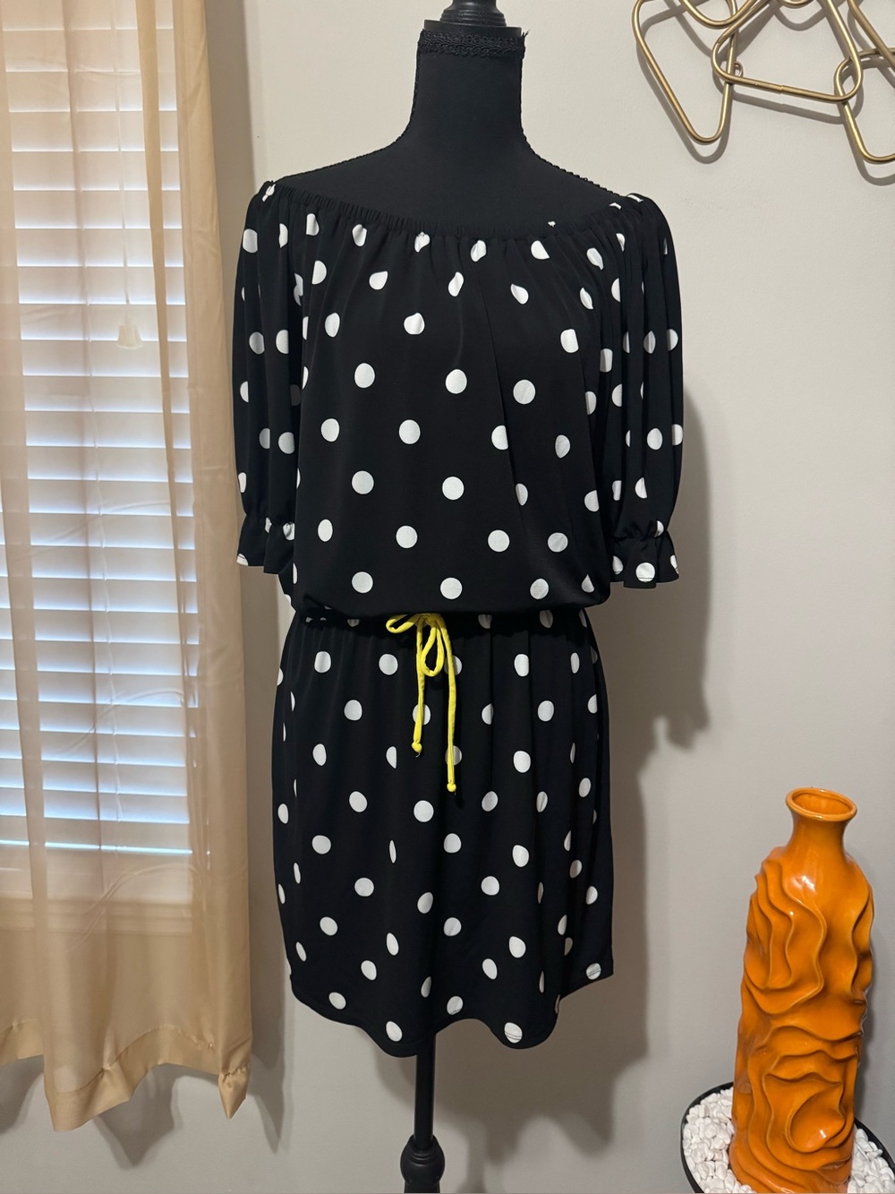 Black Polka Dot Off-Shoulder Midi Dress with Yellow Drawstring